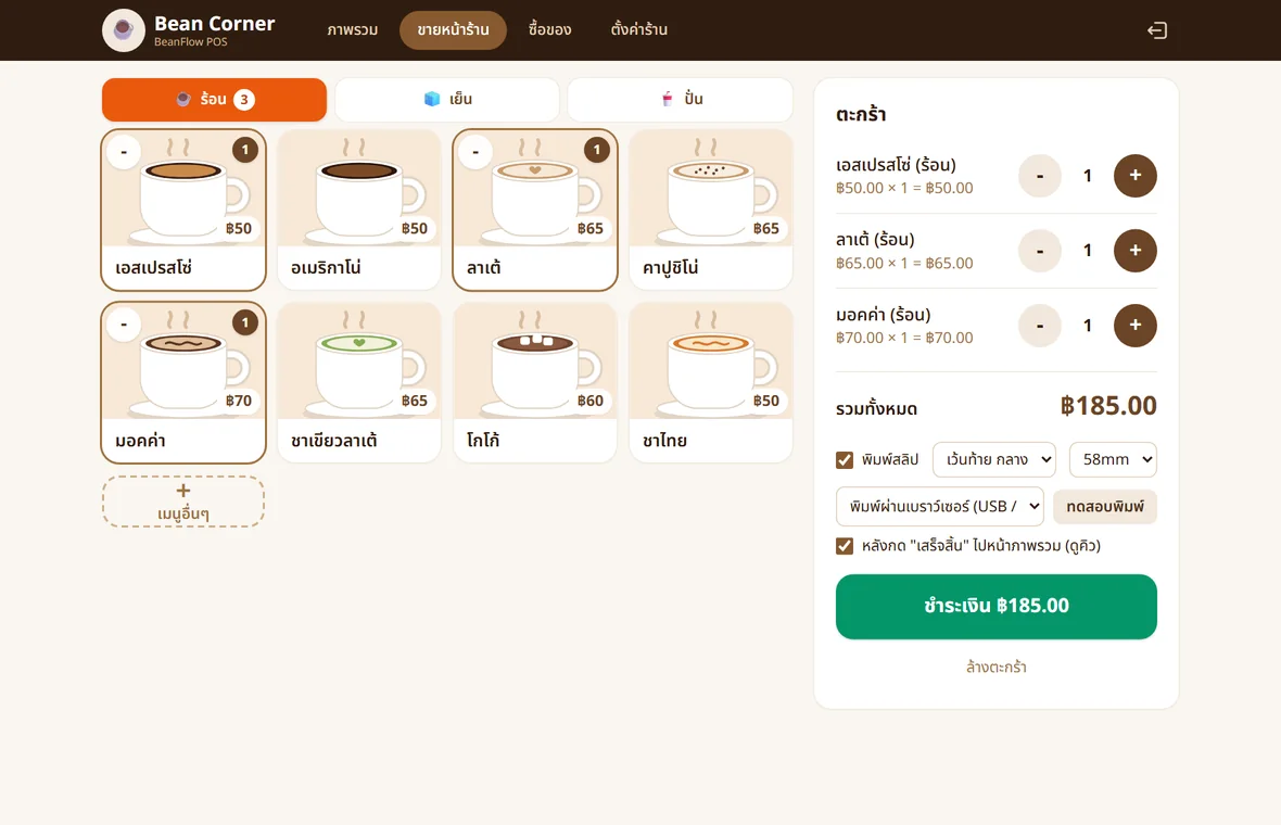 หน้าขายบนแท็บเล็ตหรือคอมพิวเตอร์ ร้านกาแฟ มีตะกร้าอยู่ด้านข้าง